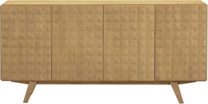 NTC Sapa Mid-Century Modern Solid Wood Sideboard – 4-Door Accent Buffet Cabinet with Carved Geometric Fronts, for Living Room, Dining Room, or Entryway, Effortless Assembly, Sand