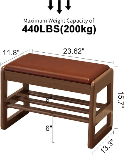 Small Shoe Bench with Leather Cushion,2 Tiers Shoe Rack Bench with Flip-Top Storage,Wood Shoe Rack for Entryway（Orange,23.62"）