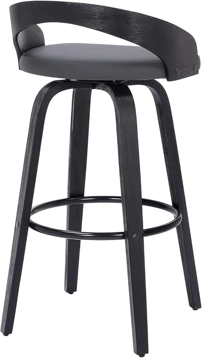 Armen Living Sonia 30" Bar Height Swivel Gray Faux Leather and Black Wood Bar Stool
