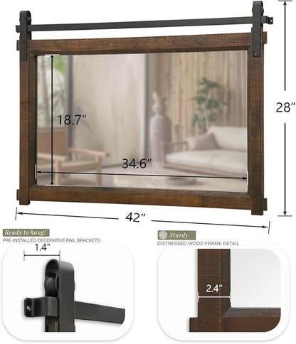 Bathroom Barn Door Mirror: 42"x28" Brown Farmhouse Wood Frame - Rustic Wall Mirror for Entryway/Living Room Wall Decor