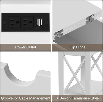ChooChoo End Table with Charging Station, Narrow Flip Top Side Table with USB Ports & Power Outlets for Small Spaces, Nightstand Sofa Table for Living Room, Bedroom, White, 2 Pack