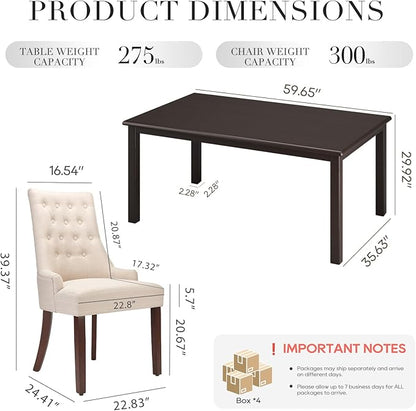 COLAMY 7-Piece Dining Table Set for 6, 60" Rectangular Kitchen Wood Table with 6 Wingback Dining Room Chairs, Brown/Beige