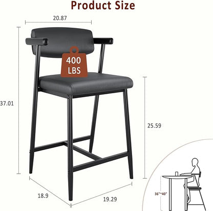 GarveeHome Bar Stools Set of 2, 26.5" Upholstered Counter Height Bar Stools for 2 with Armrest, Wider Thickened Cushion, Bar Chairs with Backrest for Bar, Dining Room, Kitchen, Retro Black