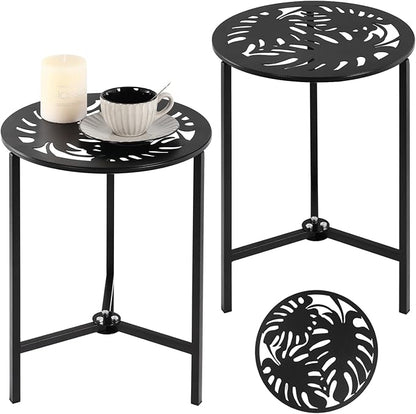 2 Packs 13" Metal Outdoor Side Tables Small Black Outside End Table for Patio Round Accent Corner Stand for Small Spaces Weather-Resistant Coffee Table for Balcony Porch Plant Stand, Monstera Leaf