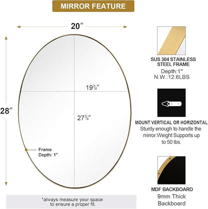 ANDY STAR Gold Oval Mirrors for Bathroom, 20x28 Inch Brushed Gold Stainless Steel Metal Framed Oval Wall Mirror, Modern Vanity Mirror Wall Mount Horizontal or Vertical