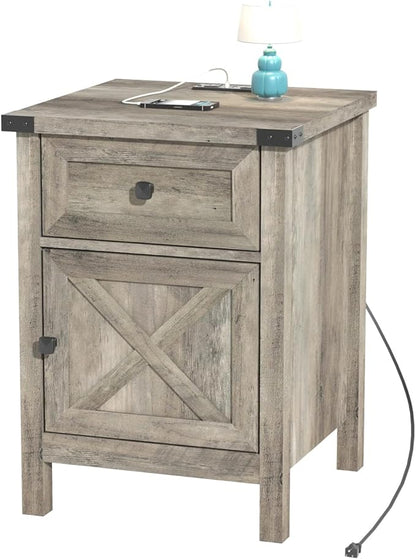 Rustic Nightstand with Charging Station, Night Stand with Barn Door and Drawer, Storage Bedroom Living Room Bedside Table Farmhouse End Table Industrial Bedside Table with USB Ports and Outlets，Grey