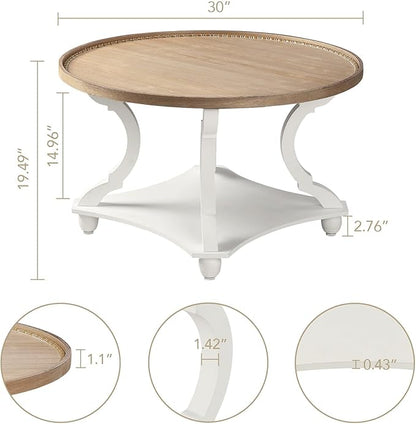 Wnutrees Farmhouse Round Coffee Table, Wood Tray Top Circle Coffee Table with Storage Shelf Rustic Style for Living Room and Vintage Finish, White