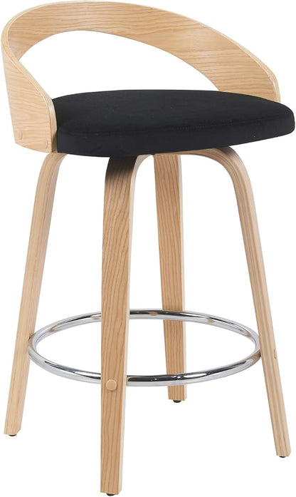 Sonia Modern Swivel Counter Height Bar Stool with Black Upholstered Seat and Patterned Oak Wood Finish Set of 4