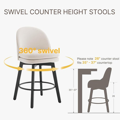 Counter Height Barstools 26 inch Upholstered Swivel Bar Stools with Back and Wood Legs for Kitchen Island,Set of 1,Beige Fabric-Armless