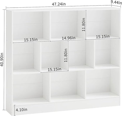 YAHARBO White 10 Cube Bookshelf,3 Tier Modern Horizontal Bookcase,Wooden Low Book Shelf Display Storage Cabinet with Base,Floor Standing Short Bookshelves Open Organizer for Bedroom,Living Room,Office