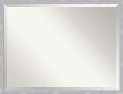 Amanti Art Silver Bathroom Mirror for Over Sink, 32x42 Grace Brushed Nickel Narrow Rectangle Vanity Mirror, X-Large Modern Frame, Hangs Horizonally and Vertically, Bathroom Wall Decor, Beveled Edge
