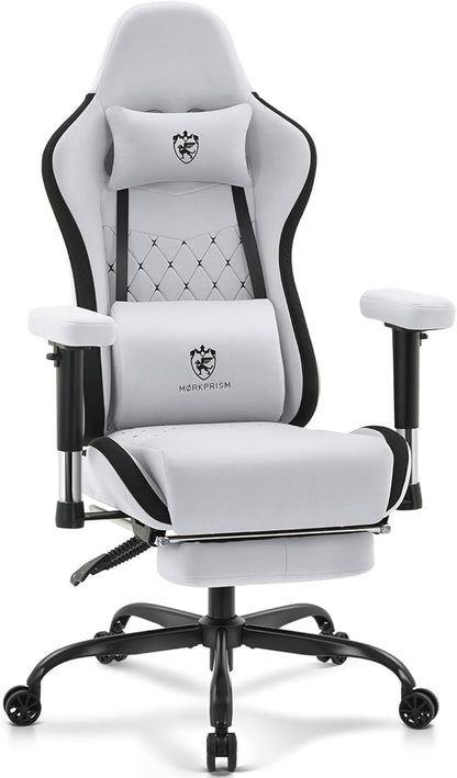 Gaming Chair Breathable Fabric,Computer Office Chair with Footrest,Massage Lumbar Support and Gel Pad,Ergonomic Reclining Gamer Chair with Adjustable Armrests and Spring Cushion Grey Black