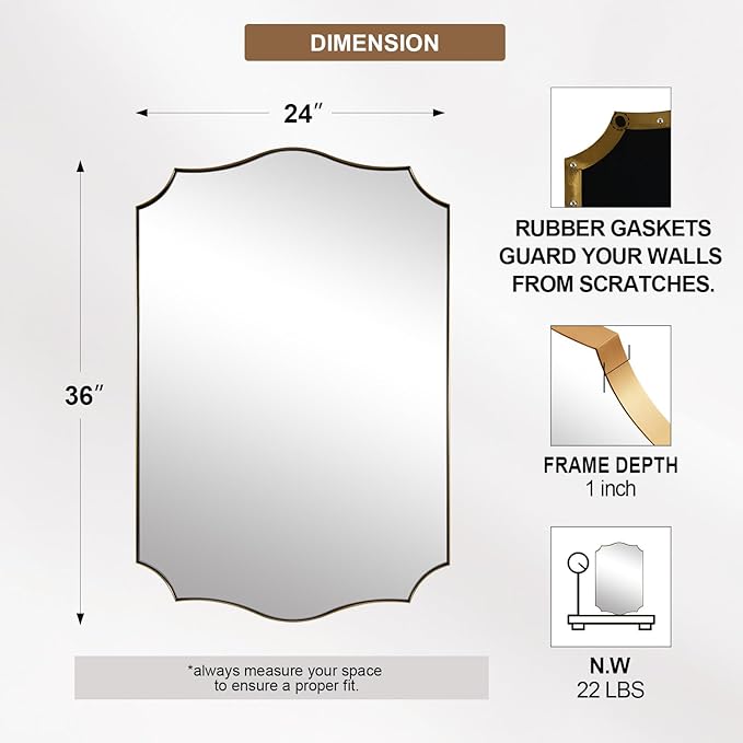 ANDY STAR Bathroom Vanity Mirror, 24x36 Irregular Wall Mirror, Gold Antique Mirror for Bathroom, Asymmetrical Mirror in Anti-Rust Stainless Steel Metal Frame, Wall Mount Horizontal or Vertical