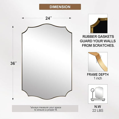 ANDY STAR Bathroom Vanity Mirror, 24x36 Irregular Wall Mirror, Gold Antique Mirror for Bathroom, Asymmetrical Mirror in Anti-Rust Stainless Steel Metal Frame, Wall Mount Horizontal or Vertical