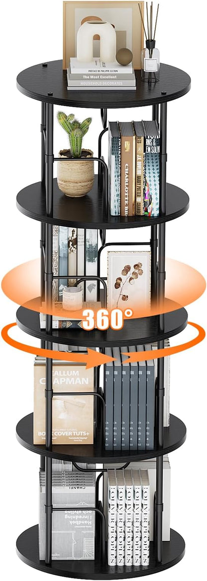 Rotating Bookshelf, 4 Tier Spinning Bookshelf Tower, 360° Display Round Bookcase, Floor Standing Corner Revolving Bookshelf Organizer Storage Rack for Small Spaces, Home Study Office, Black