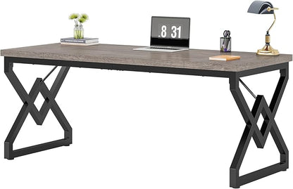 Tribesigns 63 Inch Executive Desk, Large Office Computer Desk with Extra Thick Wooden Tabletop and Metal Frame, Modern Simple Workstation Writing Table Study Desk for Home Office, Gray