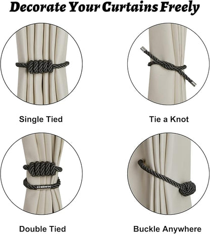 BEL AVENIR Magnetic Curtain Tiebacks, Decorative Drapery Holdbacks Modern Woven Tie-Backs with Exquisite Knot (Charcoal, 4 Pack)