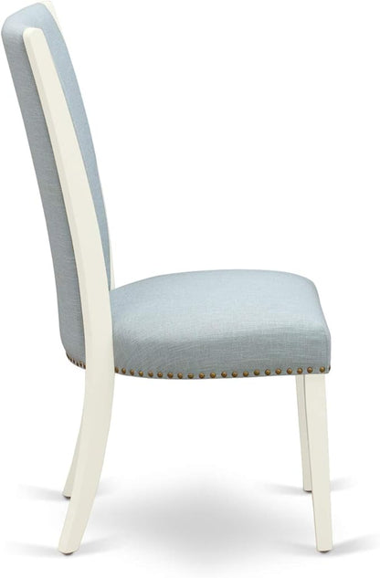 East West Furniture DOVE5-LWH-15 5 Piece Dining Table Set Includes a Rectangle Kitchen Table with Butterfly Leaf and 4 Baby Blue Linen Fabric Upholstered Chairs, 42x78 Inch, Linen White