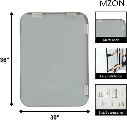 MZON 30x36Inch Brushed Nickel Bathroom Mirror, Large Rectangle Wall Mirror for Bathroom or Living Room, Anti-Rust Frame & Tempered Glass, Horizontal/Vertical Mount - Timeless&Elegance Wall Decor