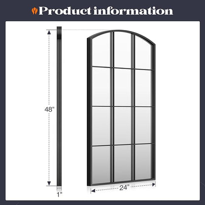 Arched Window Mirror, 24" x 48" Black Window Mirrors for Wall, Tall Farmhouse Grid Mirror for Living Room Bedroom Dining Room Fireplace Hallway Mantle Entryway