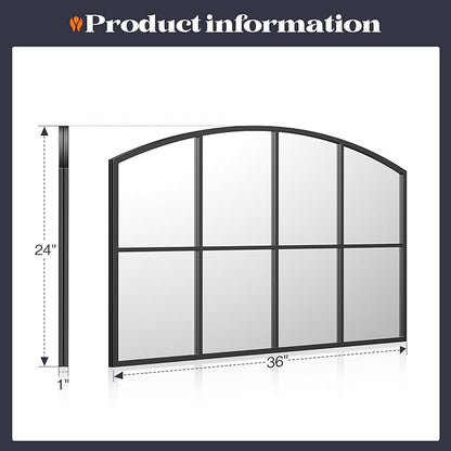 Window Pane Black Mirror, 36" x 24" Farmhouse Arched Window Mirror, Large Grid Mirror for Living Room Bedroom Fireplace Hallway Entryway