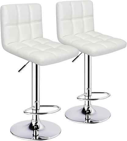 Bar Stools Set of 2,Armless Adjustable Swivel Barstools with Back,6-Squares Double Needle PU Leather Counter Height Bar Stools for Kitchen Island,White