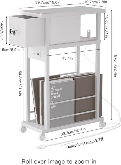 Side Table Set of 2,Side Table with Charging Station and Drawer, Narrow End Table with USB Ports and Outlets for Small Space, Living Room, Bedroom and Office, with 4 Wheels