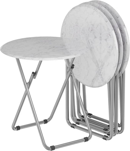 TV Trays Table Set of 4 Round Portable Folding TV Tray Table TV Dinner Tray with Sturdy MDF, No Assembly Required, 17.5 x 17.5 x 26 in (White Marble, 4Pcs)