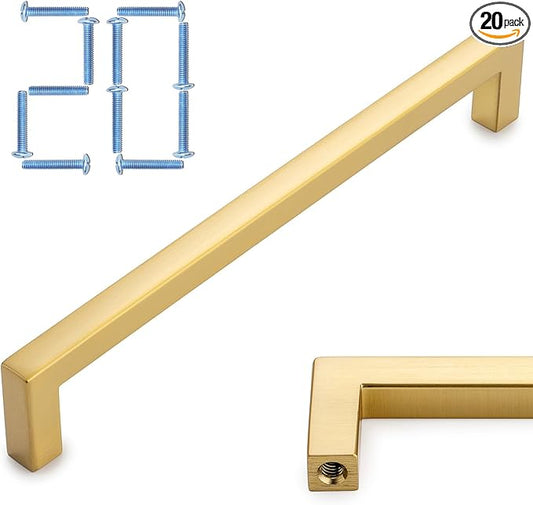 KOOFIZO 20-Pack Solid Square Bar Cabinet Handle - Brushed Gold Furniture Pull, 6.3 Inch/160mm Screwhole Distance for Kitchen Cupboard Door, Bedroom Dresser Drawer, Bathroom Wardrobe Hardware
