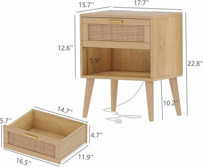 Irontar 17.7''L Nightstand Set of 2, Bedroom Night Stand with Charging Station & Rattan Drawer, Boho Style Bed Side Tables with Solid Legs, Accent End Table with Open Storage, Natural BZZ007ME02