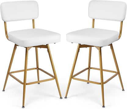 Swivel Counter Height Bar Stools Set of 2, Faux Leather Bar Stools with Back, Metal Legs and Footrest, 26" Seat Height Barstools for Kitchen Islands and Home Bars, Easy Assembly, White&Gold