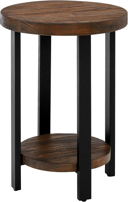 Pomona 20 in. Round End Table with 2 Shelves, Solid Wood Top, Metal Legs, Rustic Natural Brown Finish - Living Room Furniture