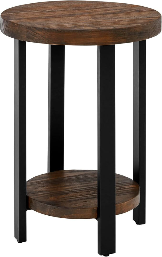 Pomona 20 in. Round End Table with 2 Shelves, Solid Wood Top, Metal Legs, Rustic Natural Brown Finish - Living Room Furniture