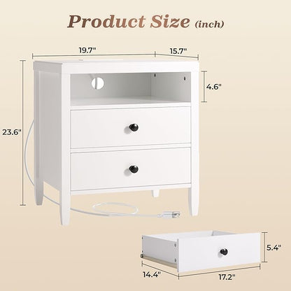 Huuger White Nightstand Set of 2, Night Stand with Charger Station, Bedside Table with 2 Drawers, Bed Side Tables for Bedroom, Modern Nightstands, Metal Knobs, Painted Surface
