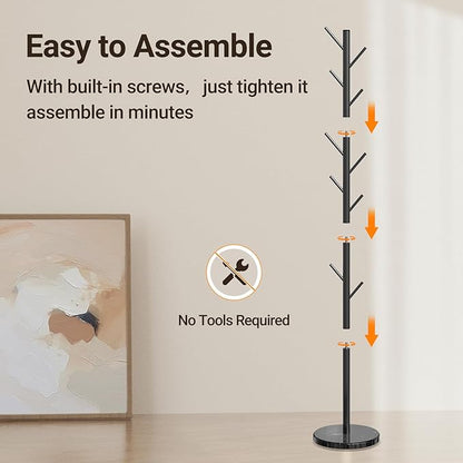 ELYKEN Coat Rack Freestanding with Natural Marble Base, Metal Coat Rack Stand with 10 Hooks, 3 Adjustable Size Coat Tree for Bags, Clothes, and Hats for Entryway, Bedroom, Hallway, Office, Black