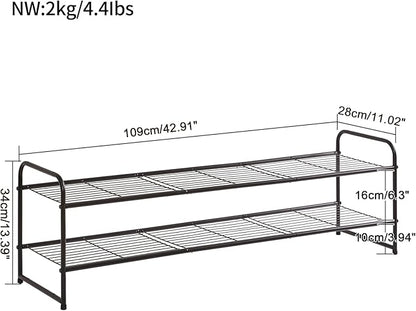 YMYNY Freestanding Shoe Racks, 2 Tiers Stackable & Adjustable Shoe Storage Shelf, Extra Large Capacity Shoe Organizer Stand for 12-18 Pairs, for Entryway, Closet, Bedroom, Black, 42.9" L, UHXJ303B