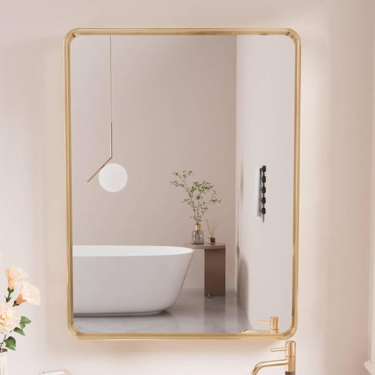 Gold Bathroom Mirror, 24x32 Inch Brushed Gold Metal Frame Mirror for Wall, Rounded Rectangle Bathroom Vanity Mirror, Tempered Glass, Anti-Rust, Horizontal/Vertical