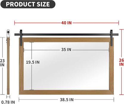 Brown Farmhouse Mirror for Wall, 40x26INCH Large Wood Framed Square Bathroom Mirrors for Vanity, Barn Door Style Mirrors Wall Mounted Dresser Decor Mirror Living Room Bedroom Horizontal