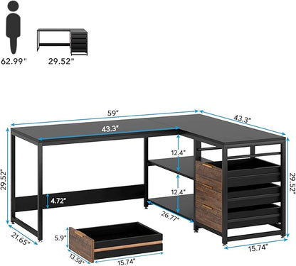 LITTLE TREE 59-Inch L Shaped Desk with Drawers, Large Computer Desk with Storage Shelves, Reversible L-Shaped Corner Desk Workstation for Home Office