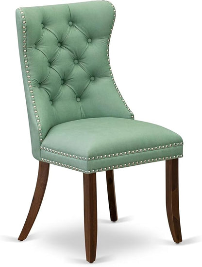 NEDA9-AWA-22 9-Piece Modern Dining Table Set Consists of a Kitchen Table and 8 Willow Green Polyester Dining Chairs with Button Tufted Back, 44x100 Inch, Antique Walnut
