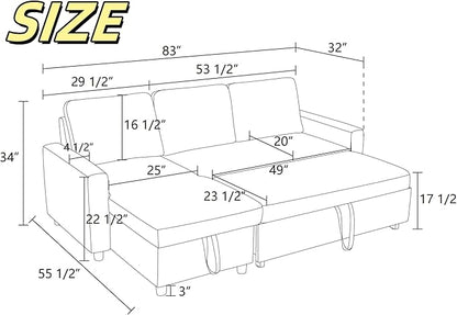 Sofa Bed Pull Out Couch, Convertible L Shaped Sleeper Sofa with Storage Chaise, Modern Lounge Small Sectional Couches for Living Room Small Spaces, Grey