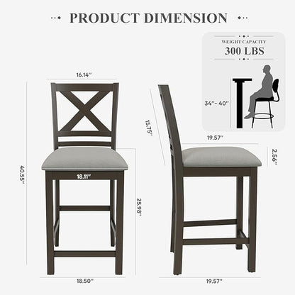 Upholstered Counter Height Bar Stools Set of 6, Modern Kitchen Island Barstools Chairs with Cross Back and Wood Legs for Dining Room Bar, Dark Grey