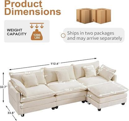 Furniliving 112‘’ L-Shaped Sofa, Luxury Chenille Modular Sectional Couches with Ottoman, Upholstered Deep Seat Sleeper Sofa with Memory Foam and Waist Pillows, Beige