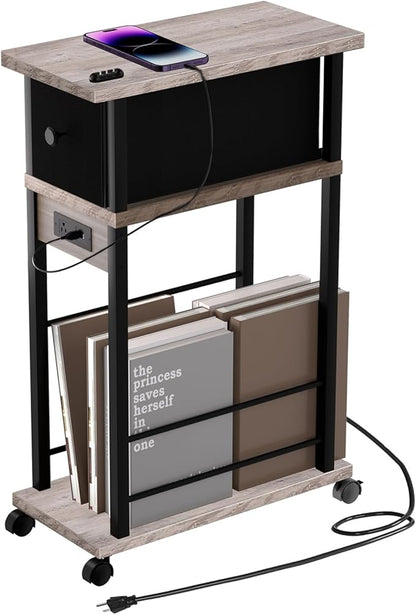 Side Table with Charging Station and Drawer, Narrow End Table with USB Ports and Outlets for Small Space, Living Room, Bedroom and Office, with 4 Wheels (1, Greige + Black)
