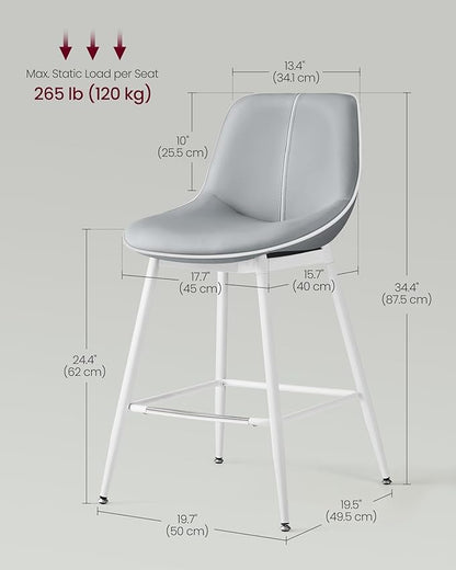 VASAGLE Bar Stools Set of 2, Counter Height Bar Stools with Back, Ergonomic Backrest, Synthetic Leather, Metal Legs, 24.4-Inch Tall Barstools for Kitchen Island Home Bar, Easy Assembly, Dove Gray
