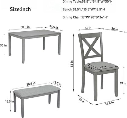 Dining Table Set, 6-Piece Kitchen Table & Chair Set with Rectangular Dining Table, 4 Upholstered X-Shaped Backrest Chairs and a Bench, Wooden Dining Table Set for 6 People, Gray