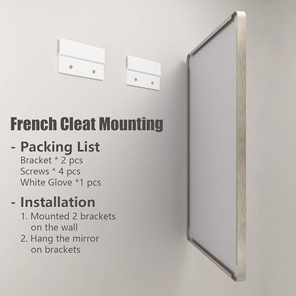 50x40 Silver Brushed Nickel Bathroom Mirror for Wall, Rounded Rectangle Silver Framed Bathroom Vanity Mirror, Anti-Rust, Shatterproof, Hangs Horizontally or Vertically