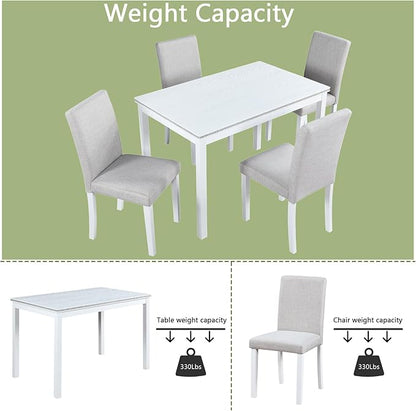 KEIKI 5-Piece Standard Height Dining Table Set with Rectangular Table and 4 Upholstered Chair, for 4 Person, Modern Crystal Decoration Wooden Table Set, Easy Assembly, for Kitchen, Dining Room, White