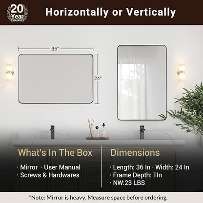 ANDY STAR Wall Mirror for Bathroom, 24x36 Matte Black Bathroom Mirror, Modern Stainless Steel Metal Frame with Rounded Corner, Rectangle Glass Panel Wall Mounted Mirror for Vanity