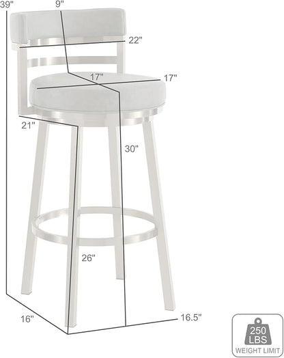 Armen Living Madrid 30" Seat Height Swivel Modern Vintage Gray Faux Leather and Gold Brushed Stainless Steel Bar Stool for Kitchen Island Counter